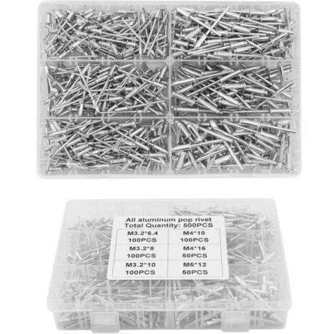 Rivets aveugles en aluminium 500 pcs – Assortiment M3.2 M4 M5 – Résistance à la rouille – Pour fixation métal, bois, plastique