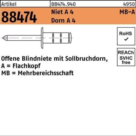 Rivets aveugles R 88474 FLAKO 3,2x 11 rivet A 4/goujon A 4 1000 pièces