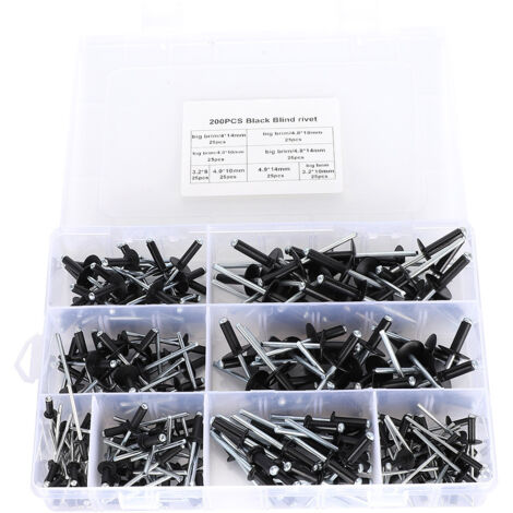 Rivets en aluminium noir - Kit de 200 pièces (3.2/4.0/4.8mm) pour assemblage rapide