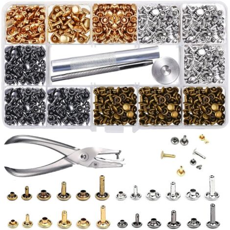 Rivets en Cuir 480 Ensemble 3 Tailles Double Rivet Goujons Tubulaires en Métal avec 3 Pièces Outil de Fixation et Punch Pince pour Artisanat en Cuir DIY Rivets de Remplacement 4 Couleurs