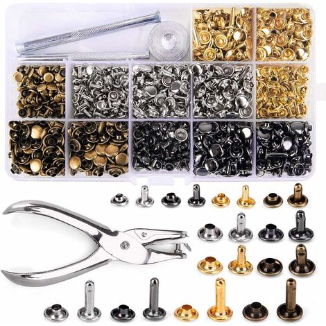 Rivets en Cuir Ensemble 3 Tailles Double Rivet Goujons Tubulaires en Métal avec 3 Pièces Outil de Fixation et Punch Pince pour Artisanat en Cuir DIY Rivets 4 Couleurs (480pcs)