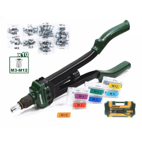 Rivettatrice Manuale Professionale da 16" per Inserti Filettati M3 - M12, con Valigetta, Pinza Rivettatrice per Inserti Filettati, 7 Mandrini Confezionati Singolarmente e 70 Dadi per Rivetti Inclusi