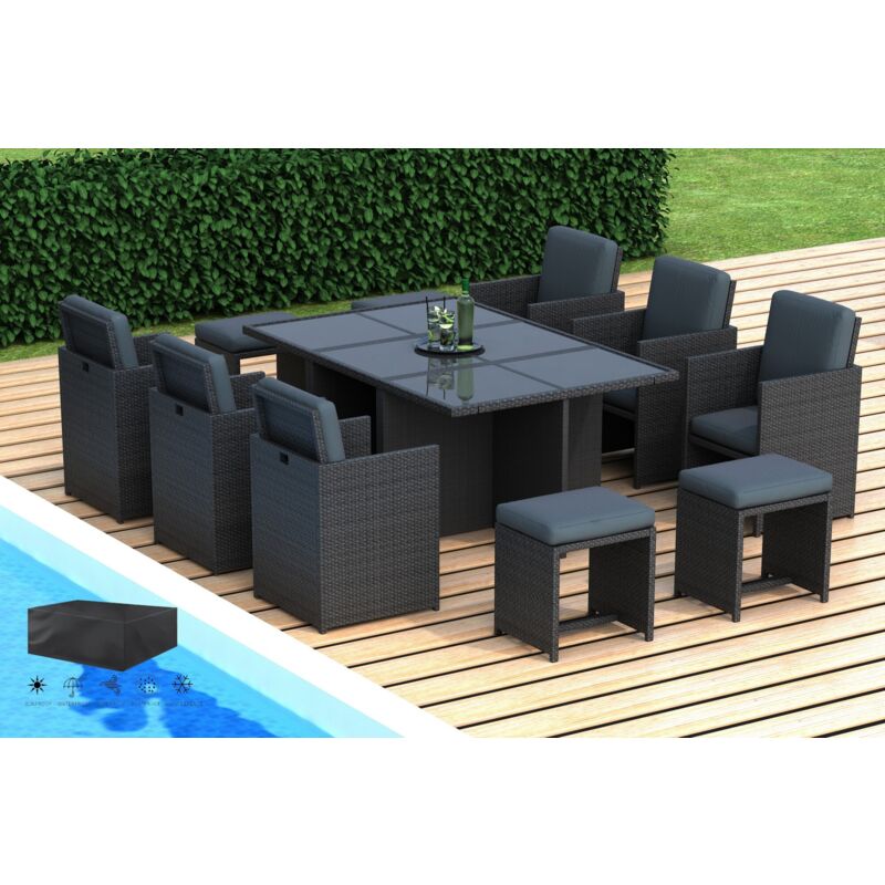 Hobag - riviera - Salon de jardin encastrable 10 places - en résine tressée - Noir avec coussins gris - housse incluse qualite premium garantie