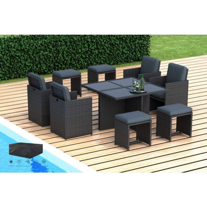 Hobag - riviera - Salon de jardin encastrable 8 places - en résine tressée - Noir avec coussins gris - housse incluse qualite premium garantie
