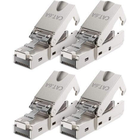 [RJ45 Connecteur] 4x CAT6a Fiche Sans Outil avec LSA pour Câbles Rigides - Métallique Boîtier, Argent