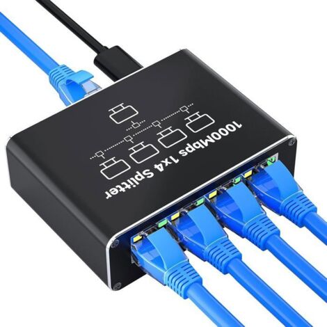 Rj45 Switch 4 Port 1000Mbps Lan Splitter 1 To 4 Gigabit Ethernet Rj45 Aluminum Switch With Type C Cable For Computers, Switche
