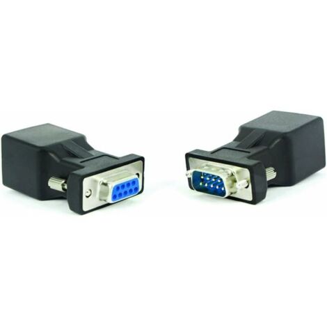 RJ45-zu-RS232-Adapter, DB9 9-poliger serieller Stecker auf RJ45-Buchse Cat. 5e/6 Ethernet-LAN-Extender-Adapter, 2 Stück (Stecker + Buchse)