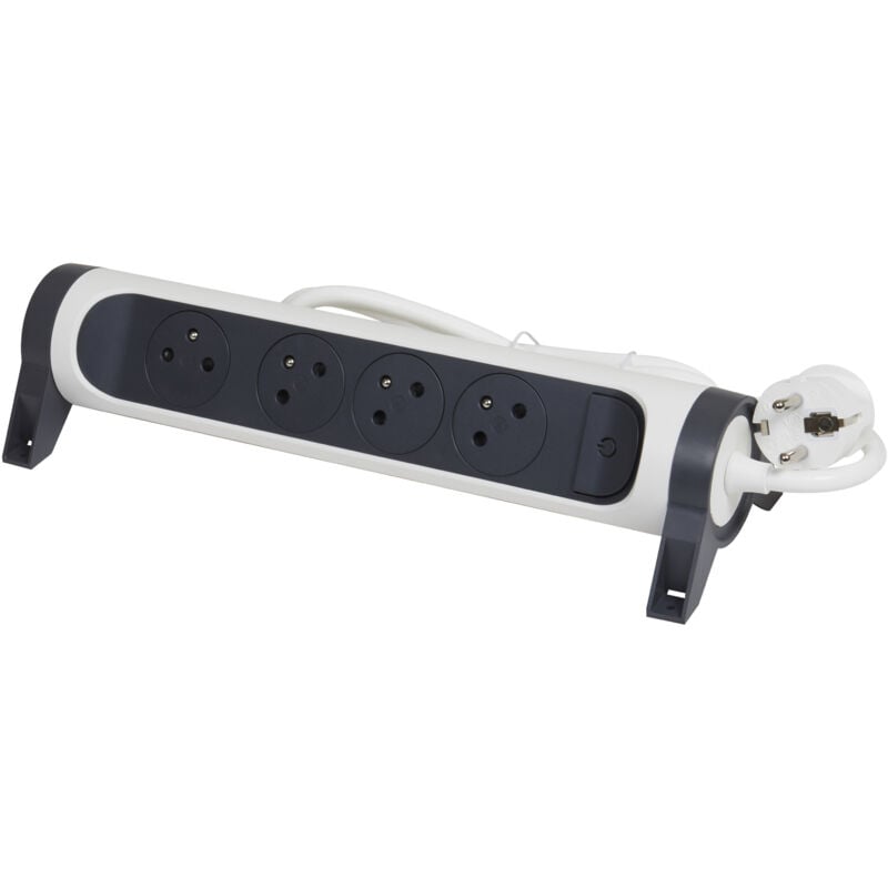 Rallonge multiprise avec bloc rotatif de 4 prises 2P+T Surface , interrupteur et cordon longueur 3m -Blanc/Gris foncé - Legrand