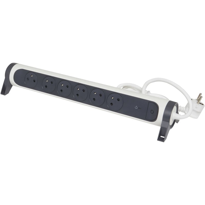 Rallonge multiprise avec bloc rotatif de 6 prises 2P+T Surface , interrupteur , parafoudre et cordon longueur 1,5m - Blanc/Gris foncé - Legrand