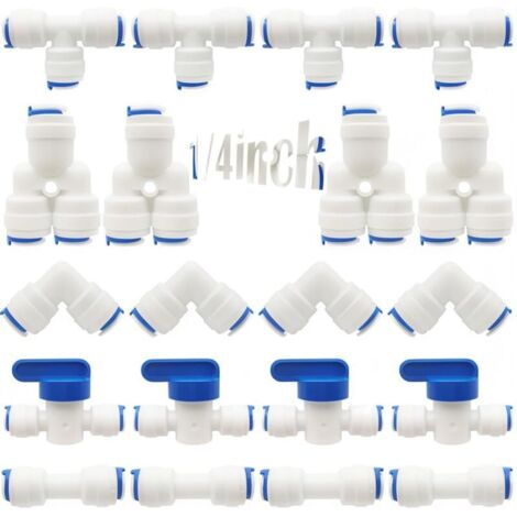 RO Raccord de filtre à eau, raccord droit 1/4"(6mm) Pushfit pour tuyau de filtre à eau, ensemble de raccords pour Réfrigérateur, (robinet combiné de type Y + T + I + L + robinet d'arrêt)