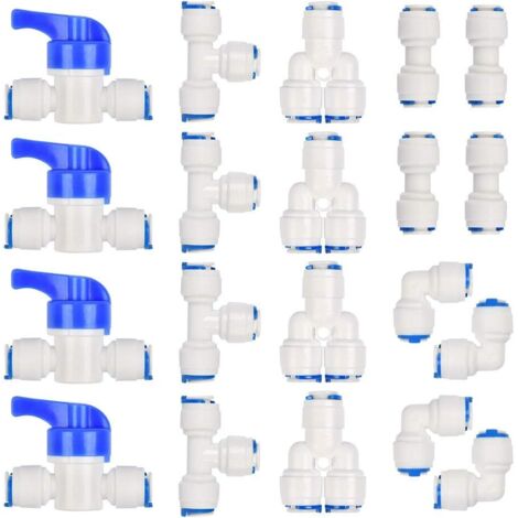 RO Raccord Osmoseur de filtre à eau, Raccord Droit 1/4" (6MM)  pour Tuyau de Filtre à Eau, Raccords pour Réfrigérateur Tubes de  (Robinet Combiné de Type Y + T + I + L + Robinet d'Arrêt)