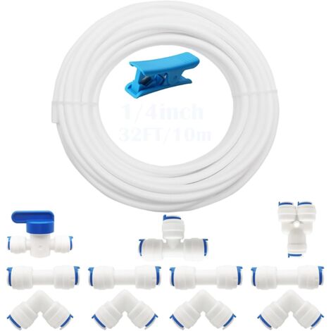RO-Wasserfilter-Anschlussset, 10 Meter Schlauch mit 1/4"/6,3 mm Durchmesser, Kühlschrank-Schlauchanschlussset (Y + T + I + L Kombinationsventil + Absperrventil)