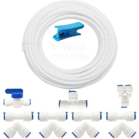RO Water Filter Fitting, 10 meters of 1/4"/6.3mm diameter tubing, Refrigerator Tubing Fitting Set (Y + T + I + L combination valve + shut-off valve)