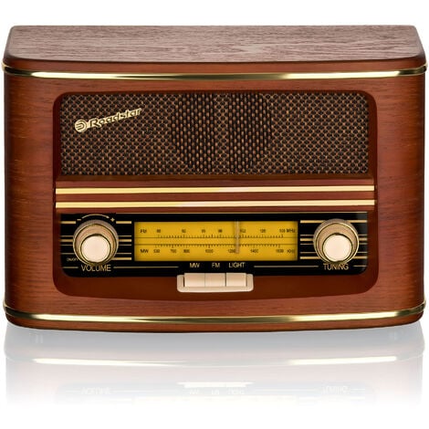 Roadstar HRA-1500N Radio Portátil Vintage Retro FM/ MW Analógica, Conectado a la Red o a Pilas, Carcasa de Madera Madera