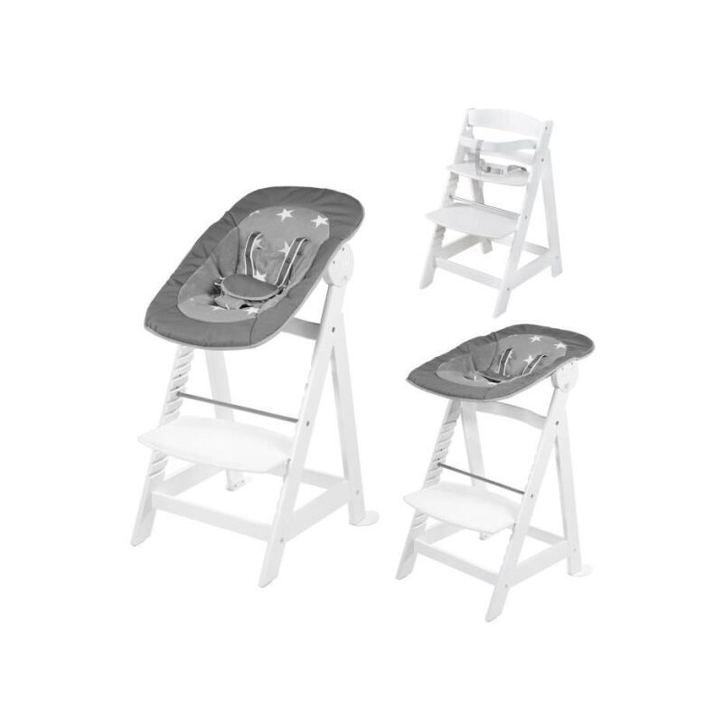 Roba - Chaise Haute Évolutive Born Up 2 en 1 + Transat Inclinable a Motifs Étoiles - Little Stars - Des la Naissance - Bois Blan