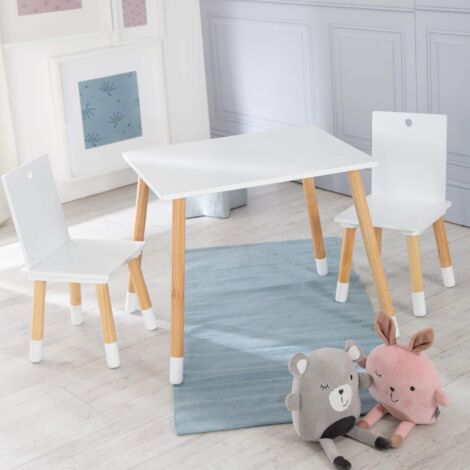 roba Set Tavolo + 2 Sedie per Bambini - da Esterno e da Interno - 3 Altezze Regolabili - Piedi in Legno Massiccio - Stile Scandinavo - Legno Naturale e Laccato Bianco