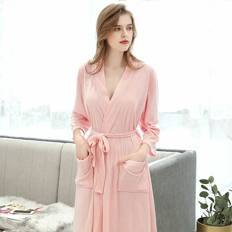 Robe de Chambre Coton Peignoir Leger Col en V Manches Longues Peignoir de Femme Bain avec Ceinture L Rose