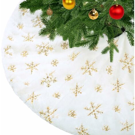 Robe de sapin de Noël Robe de sapin de Noël blanche épaisse en fausse fourrure avec coussin de flocon de neige à paillettes dorées Couverture de sapin de Noël 90cm/35in