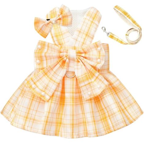 Robe mignonne pour chien, vêtements pour petits chiens, chats, filles, femelles, carreaux jaunes, nœud papillon, harnais pour chien