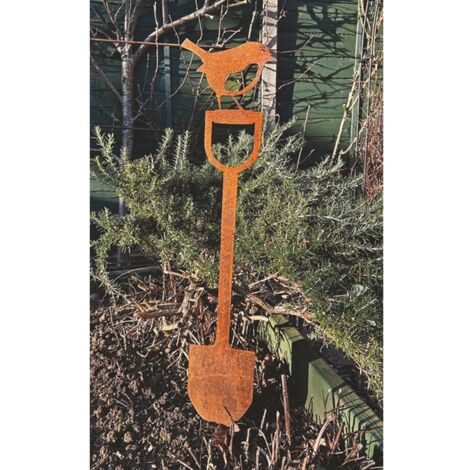 Robin on a Spade (Large) Garden Art (Pack of 3) - Bare Metal/Ready to Rust