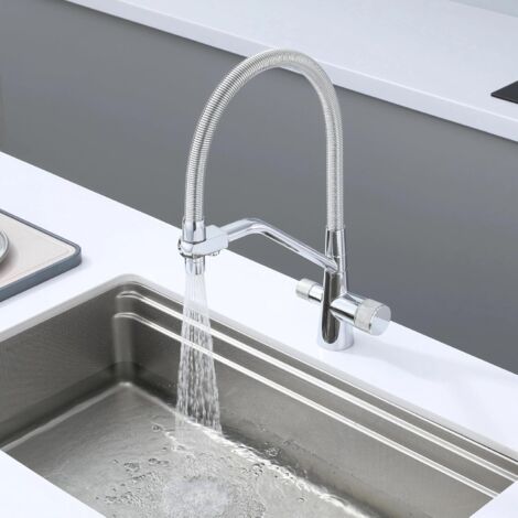 Robinet 3 Voies, Mitigeur De Cuisine Flexible, Robinet Cuisine Rabattable,Robinet D'Évier D'Eau Potable Réglable À 360° (Double Poignée), Corps En Laiton, Chrome, Argent