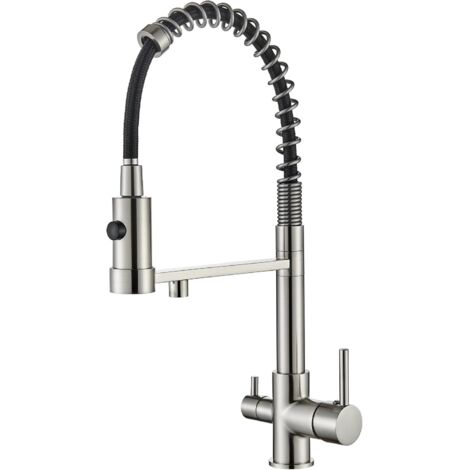 Robinet à 3 Voies Cuisine en Acier Inoxydable – Eau Pure, Finition Brossée Élégante, Rotatif 360°, Cartouche de Mélange Évier avec Sortie Flexible, Compatibile avec Filtre Eau Potable