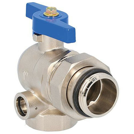 Robinet a boisseau spherique equerre laiton DN25 poignee pap bleu prise pr thermometre