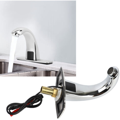 Robinet automatique infrarouge sans contact pour lavabo G1/2", curvé, corps en cuivre avec écran mirror, détection 15-20cm, DC/AC