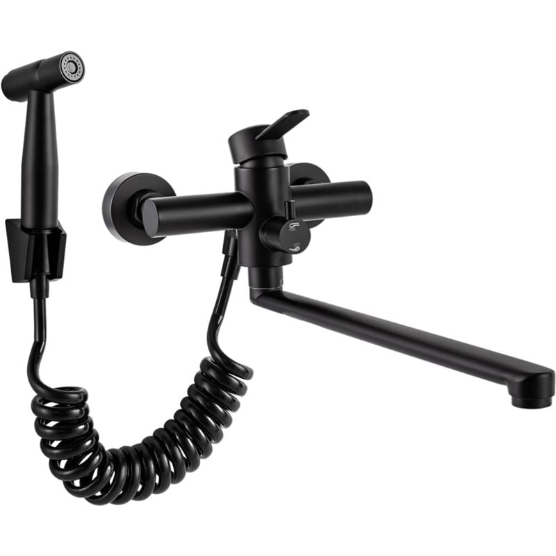 Gojoy - Robinet avec pistolet pulvérisateur, robinet mural de cuisine, montage mural, en acier inoxydable brossé, robinet d'évier pivotant à 360°,