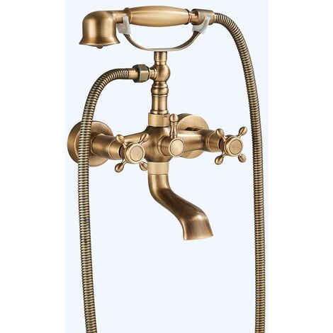 Robinet Baignoire Douche Mitigeur Baignoire Retro Avec Douchette et Flexible de Douche Laiton Mitigeur De Baignoire Montage Mural Pour Salle De Bain Antique brass