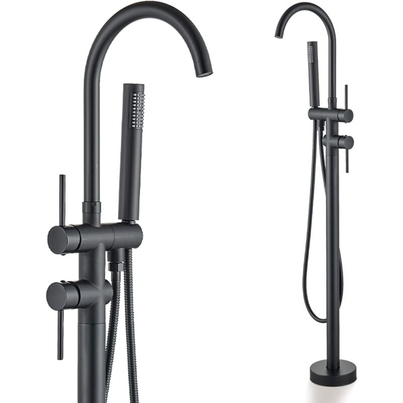 Robinet de Baignoire Indépendant Robinet de Remplissage de salle de bain Support de sol à Deux Poignées Noir avec Douche à Main