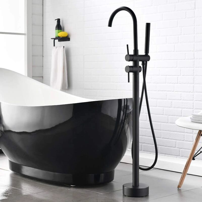 robinet baignoire ilot avec Douchette pour Salle de Bain Noir Laiton Baignoire Robinet Mitigeur au Sol丨Autoportant Melangeur Baignoire Îlot Sur Pied