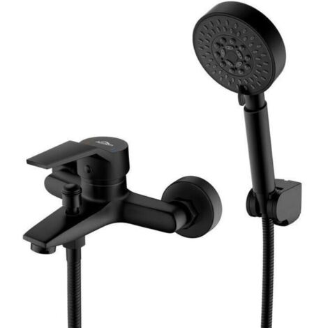 Robinet Baignoire Noir avec Douchette à Main 5 Jets, Mitigeur Douche avec Support et Flexible 1,5m, Robinet Bain Douche Mural en Laiton