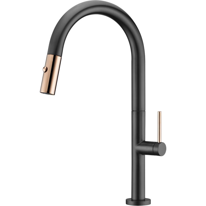 Imex Products - Mice - Robinet de cuisine avec douchette - évier monocommande extractible Série Samoa Noir Mat et Or Rose GCE017/NOR