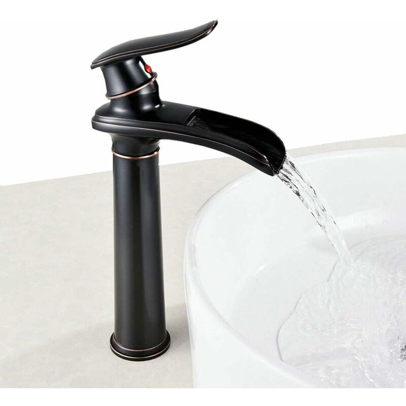 Robinet Cascade avec Haut Bec Mitigeur Lavabo Haut Mono-trou,Robinet Mitigeur pour Lavabo pour Salle Bain, Noir, Bec Haut,
