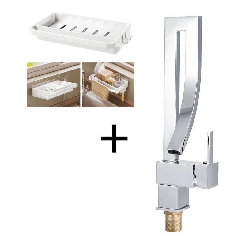 Sunxury - Robinet cascade de lavabo de cuisine en laiton, mitigeur d'eau chaude et froide + égouttoir de rangement de cuisine blanc avec 2 crochets