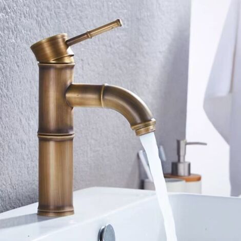 Robinet cascade en forme de bambou - couleur bronze antique, eau chaude et froide, bec incurvé, convient aux salles de bains.