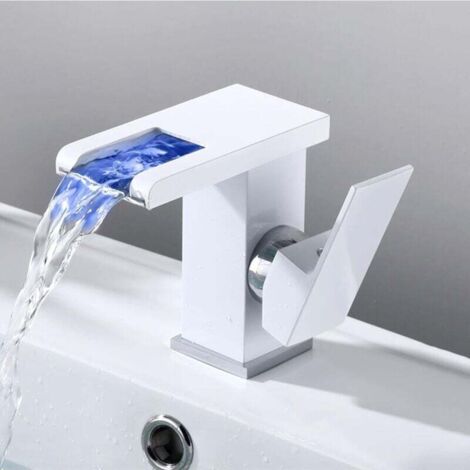 Robinet Cascade LED Lavabo Salle de Bain Poignée Unique RVB Automatique Blanc