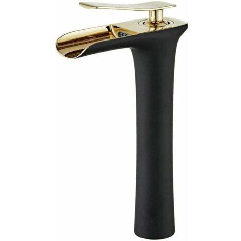 Robinet Cascade Moderne pour Salle de Bain - Mitigeur Monocommande de Lavabo avec Réglage Chaud et Froid - Noir et Or