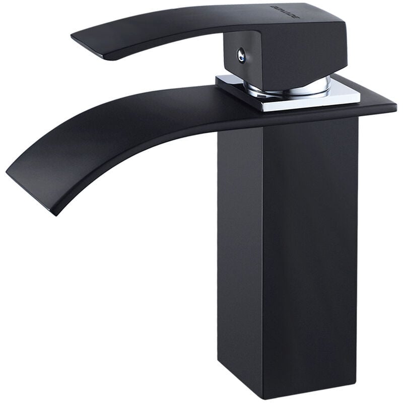 Robinet Cascade Mono-trou Mitigeur Lavabo Noir Mat Robinetterie Lave-mains avec Levier Unique en Cuivre Mélangeur à l'Eau Chaude et Froide pour Salle