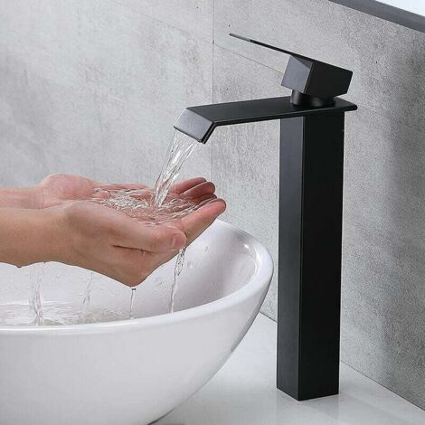 Robinet cascade noir avec bec haut et robinet de lavabo monotrou haut avec refroidissement en cuivre à levier unique et robinet d'eau chaude pour salle de bain Mitigeur de lavabo