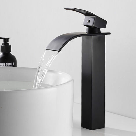 Robinet cascade noir avec bec haut mitigeur haut bassin robinet de lavabo monotrou avec mitigeur eau chaude et froide à levier unique en cuivre pour salle de bain.-
