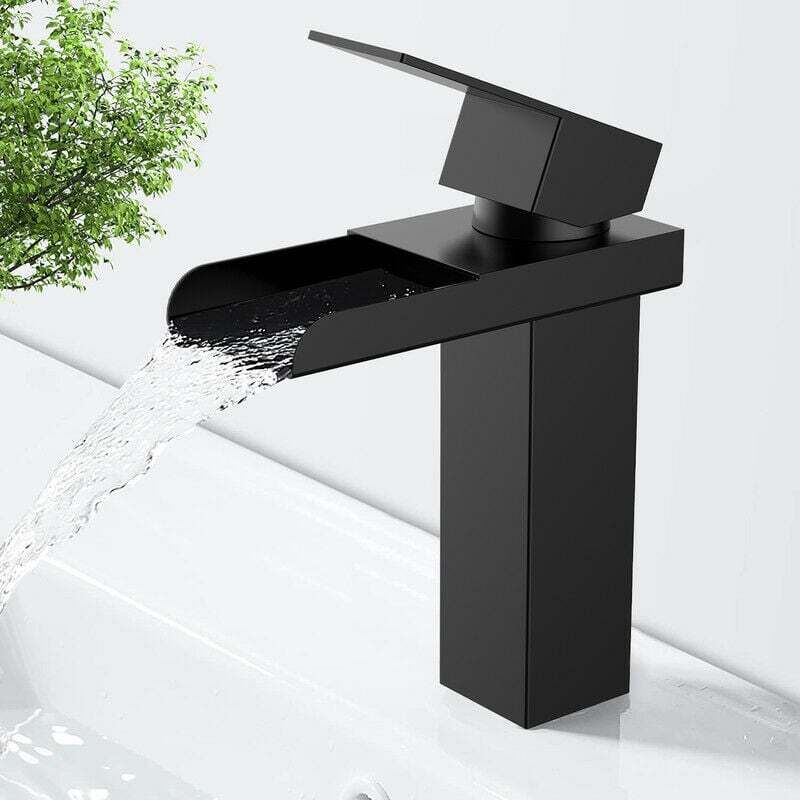 Robinet Cascade Noir Mitigeur de Lavabo Monotrou Robinetterie Lave-mains avec Levier Unique en Acier Inox Robinet Salle de Bain
