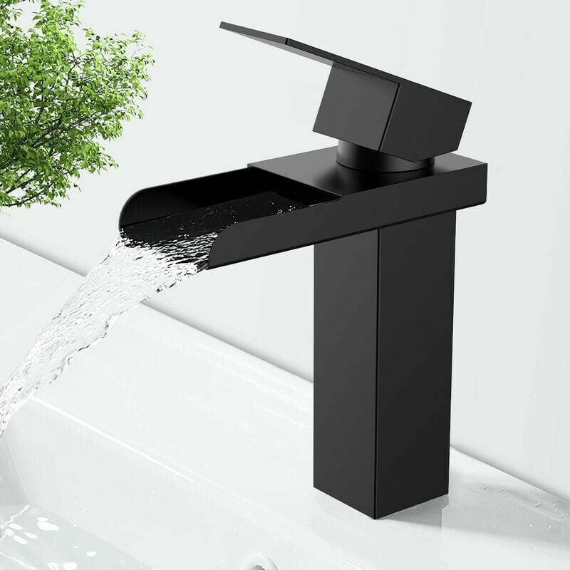 Alovez - Robinet Cascade Noir Mitigeur de Lavabo Monotrou Robinetterie Lave-mains avec Levier Unique en Acier Inox Robinet Salle de Bain