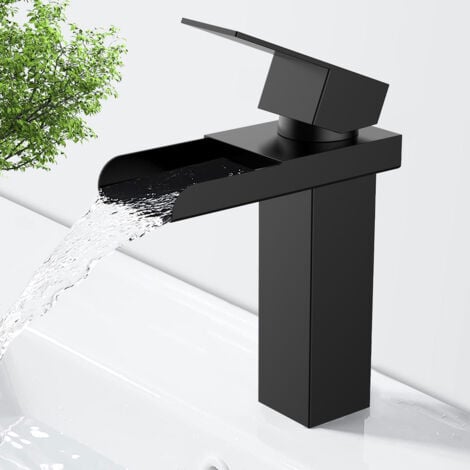 HOMELODY Robinet Cascade Noir Mitigeur de Lavabo Monotrou Robinetterie Lave-mains avec Levier Unique en Acier Inox Robinet Salle de Bain