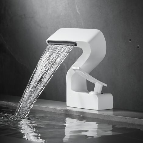 Robinet Cascade pour Lavabo - Mitigeur Monocommande 1 Trou en Laiton Blanc (Chromé)- Installation Facile - Pour Salle de Bain Contemporaine