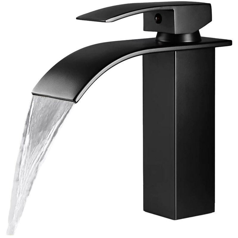 Mitigeur de lavabo robinet cascade mitigeur de lavabo noir à bec plat mitigeur de salle de bain monotrou pour comptoir - Tonchean