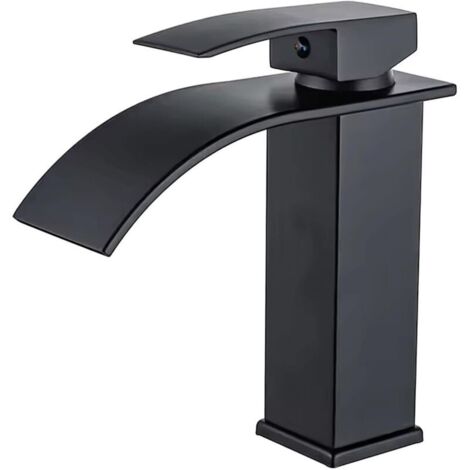 Robinet Cascade, Robinet D'évier de Salle de Bain en Acier Inoxydable Noir, Finition Polie, Économiseur d'Eau, Montage sur Pont, 1 Trou, 1 Levier, Cascade, 26 x 21 x 7,3 cm