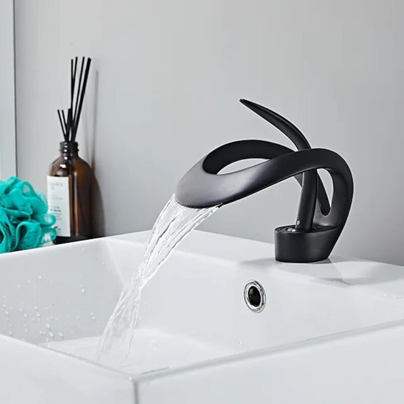 Robinet Cascade Salle De Bain, Mitigeur Lavabo Avec Valve En Céramique Monocommande Chaude Et Froide Réglable (Noir)