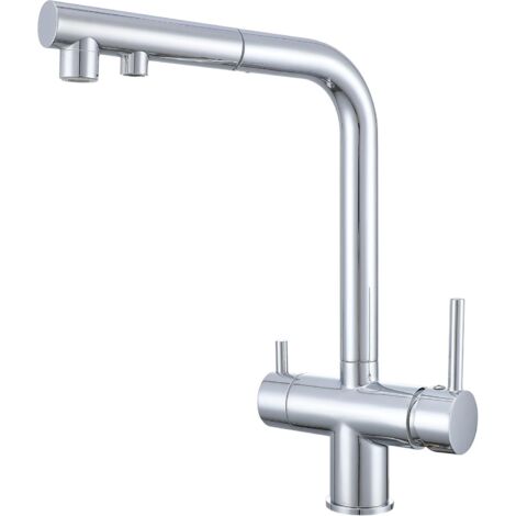 Robinet Cuisine 3 Voies Avec Douchette Extractible, Mitigeur 3 Voies Cuisine Pivotant à 360°, Robinetterie Cuisine Eau Potable, Robinet Évier De Cuisine Avec Sortie Eau Filtrée (Chrome)